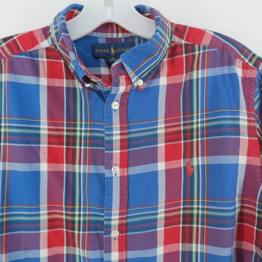 Ralph Lauren Button Down Shirt Boys XL Blue Red Plaid Long Sleeve Pony Logo